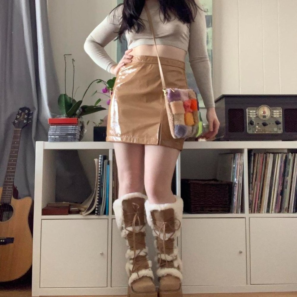 Tan Faux Patent Leather Mini Skirt